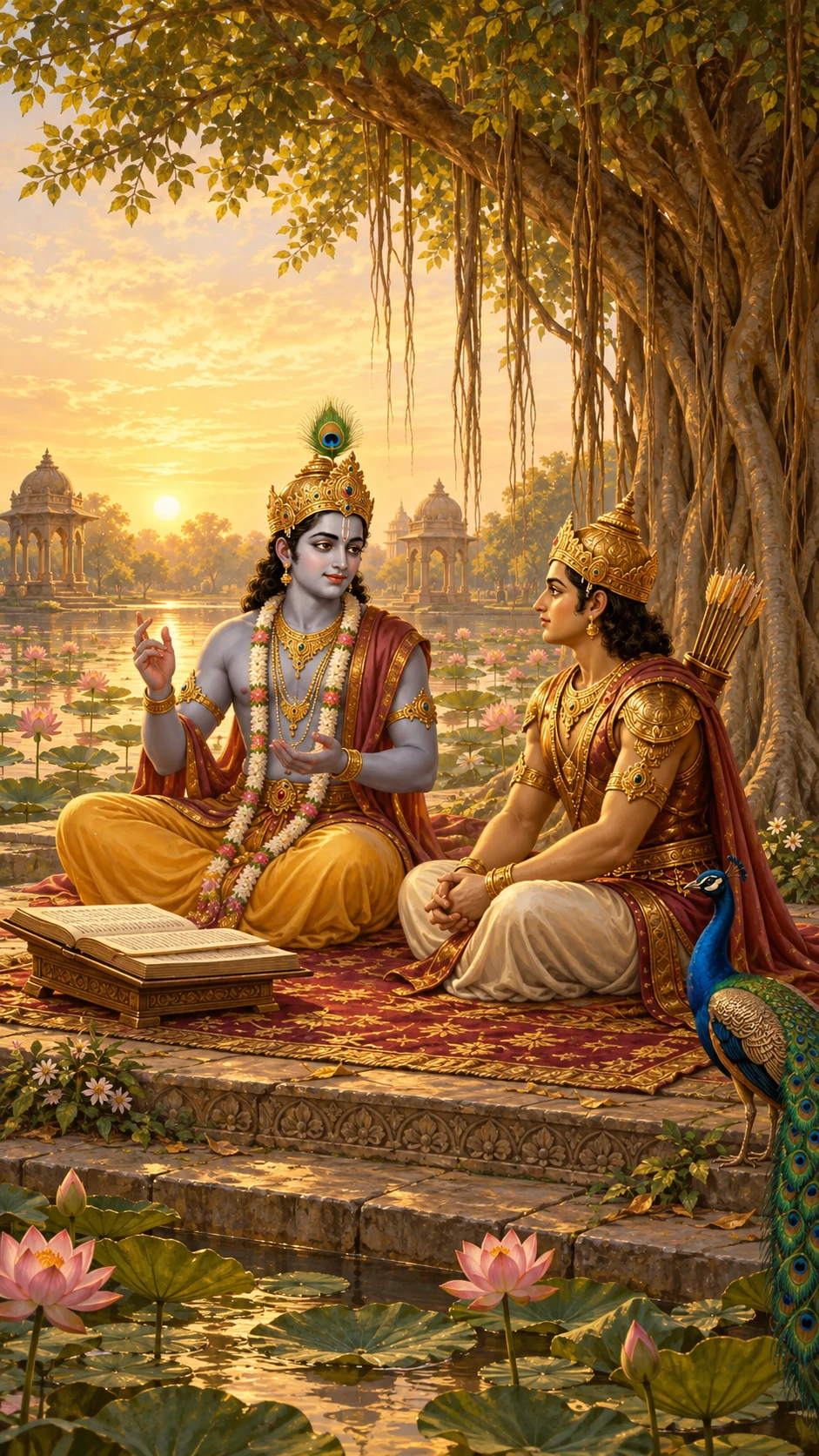 Krishna sharing the wisdom of the Bhagavad Gita with Arjuna