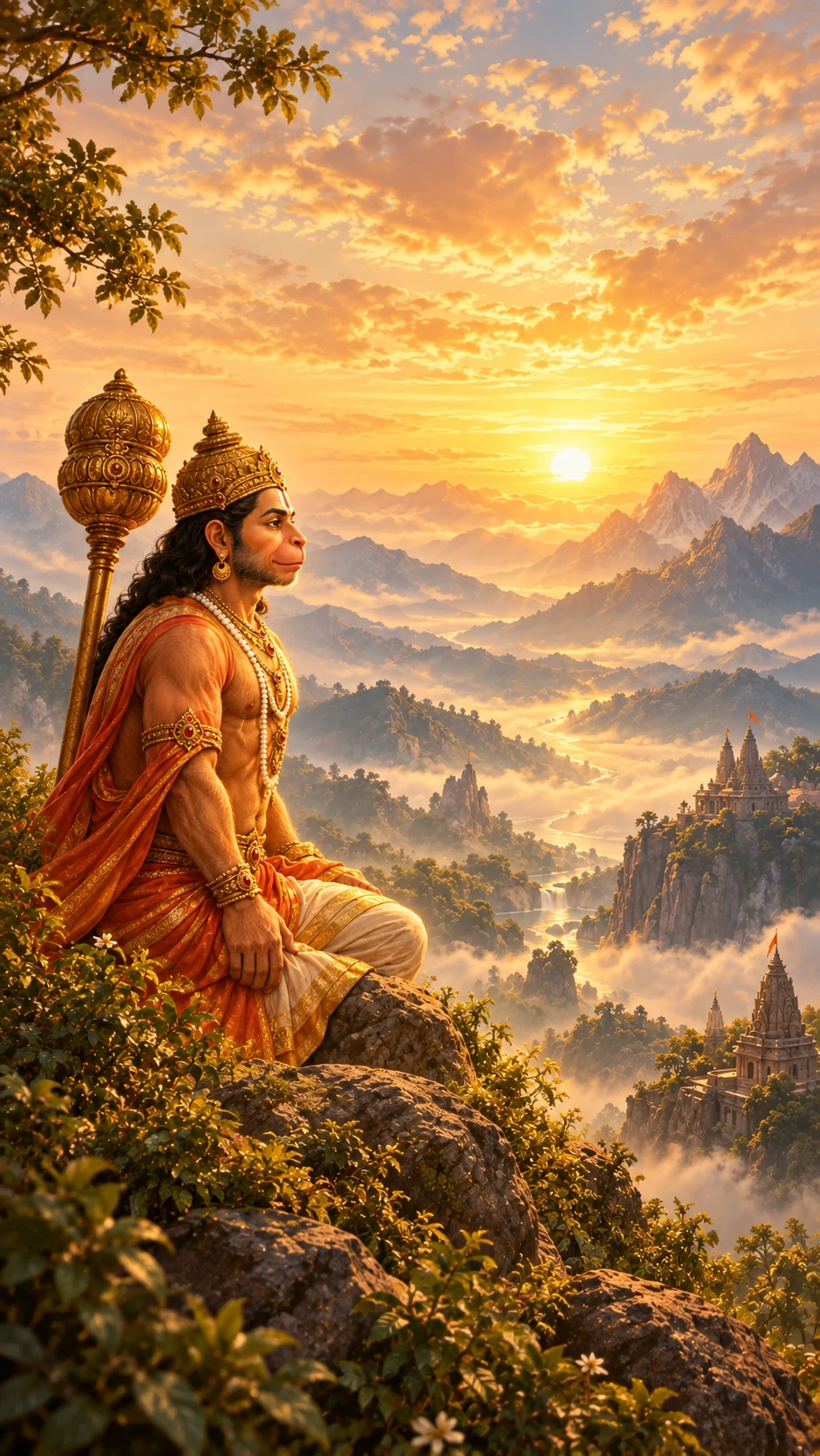 Lord Hanuman seated peacefully above a mountain temple landscape at sunrise