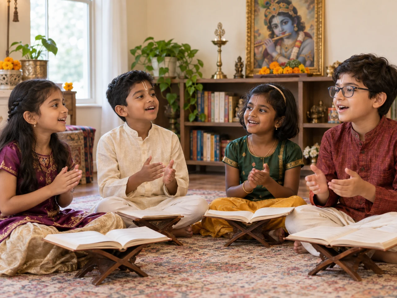 Four children learning to chant together in a welcoming cultural classroom