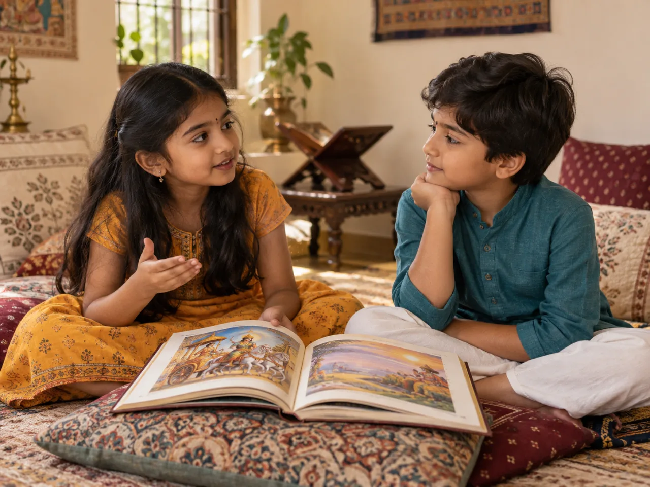 Two children exploring the meaning of the Bhagavad Gita through an illustrated story