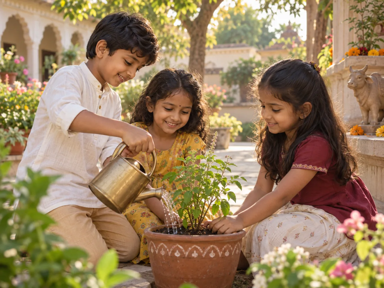 Children practising care and shared responsibility by tending a young plant