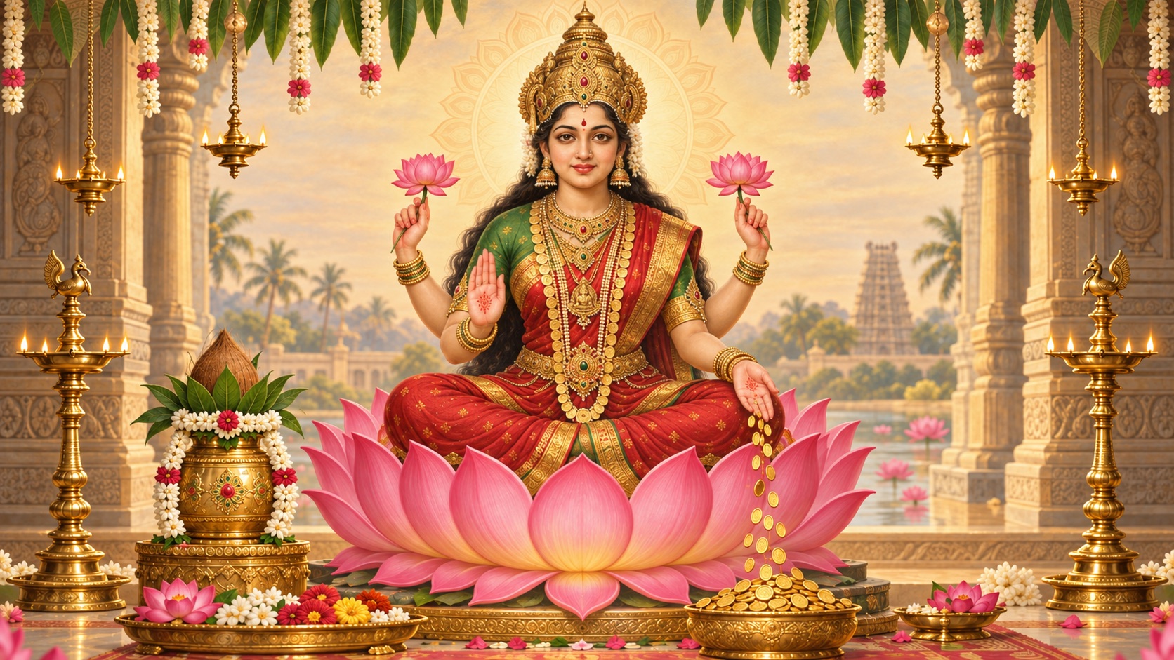 Goddess Varalakshmi seated on a lotus, blessing devotees